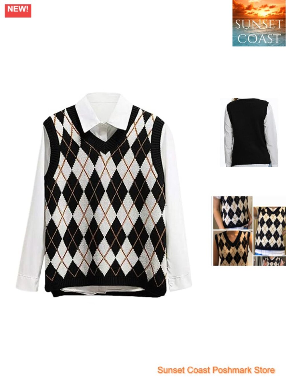 Argyle Sweater Vest Sleeveless V Neck Crop Knit Tank Top